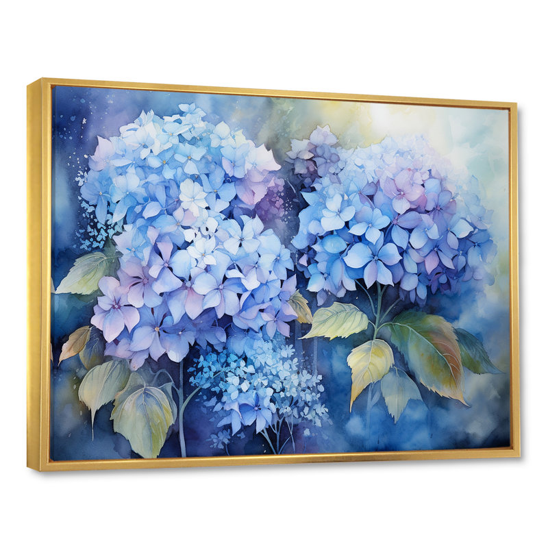 «Blue Hydrangea Farmhouse Still Life I - Hydrangea», art mural, H 24 po x l 32 po x P 1 po, Cadre flottant doré