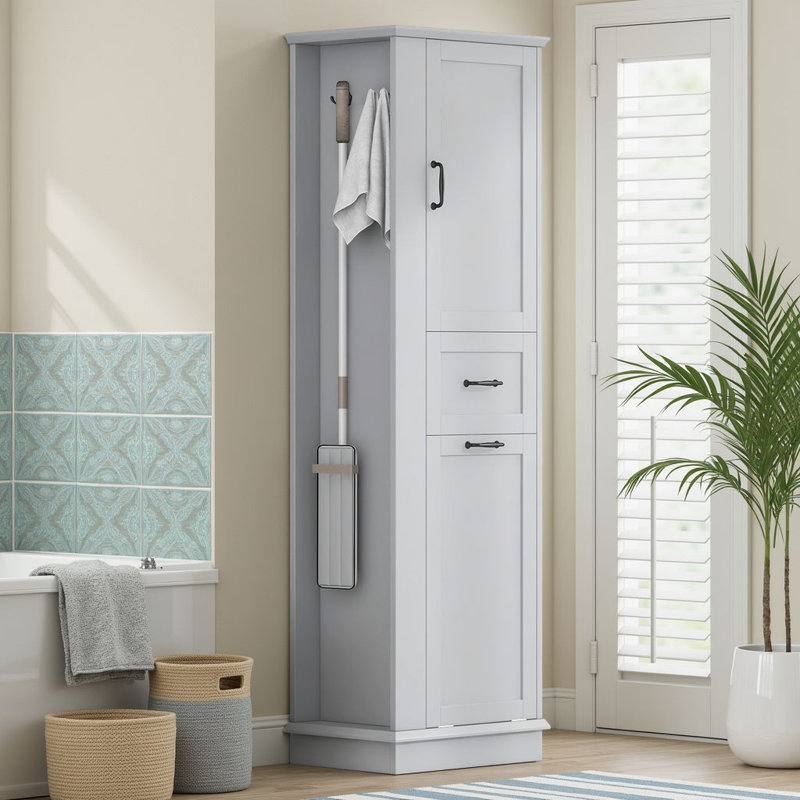 67.8" H Freestanding Bathroom Cabinet With Tilt-Out Hamper, Adjustable Shelves & Side Hooks, Gray