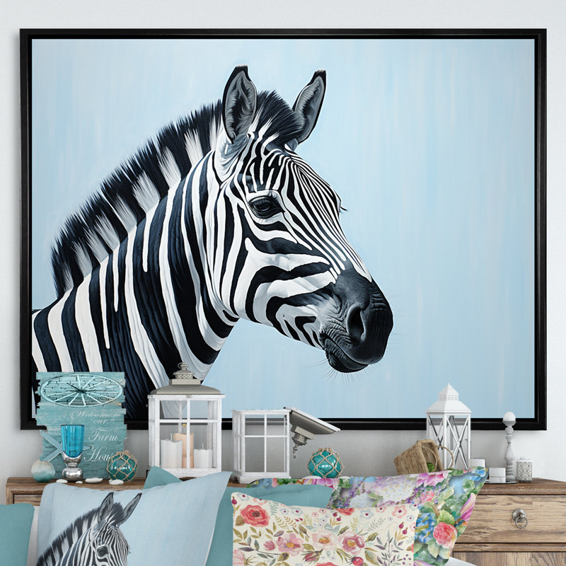 Motif zébré noir et bleu, Cadre flottant noir, H 12 po x l 20 po