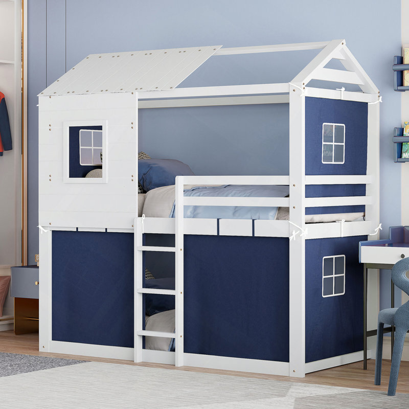 Lit superposé en bois avec tente, Bleu