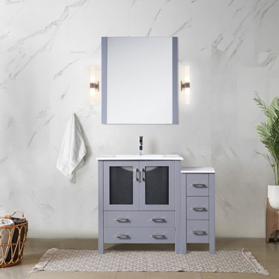 Meuble-lavabo gris foncé de 107 cm de large, armoire latérale, comptoir en céramique blanche, miroir de 71 cm, fermeture amortie, cinq tiroirs et un tiroir intérieur anti-rayures, mécanisme de fermeture, rangement, dessus