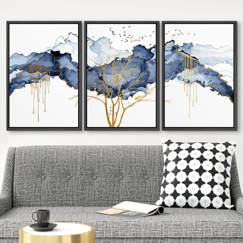 Abstrait, paysage abstrait, peinture pastel bleue, nuage, oiseaux, arbre d'or, illustrations abstraites, art moderne, paysage rustique