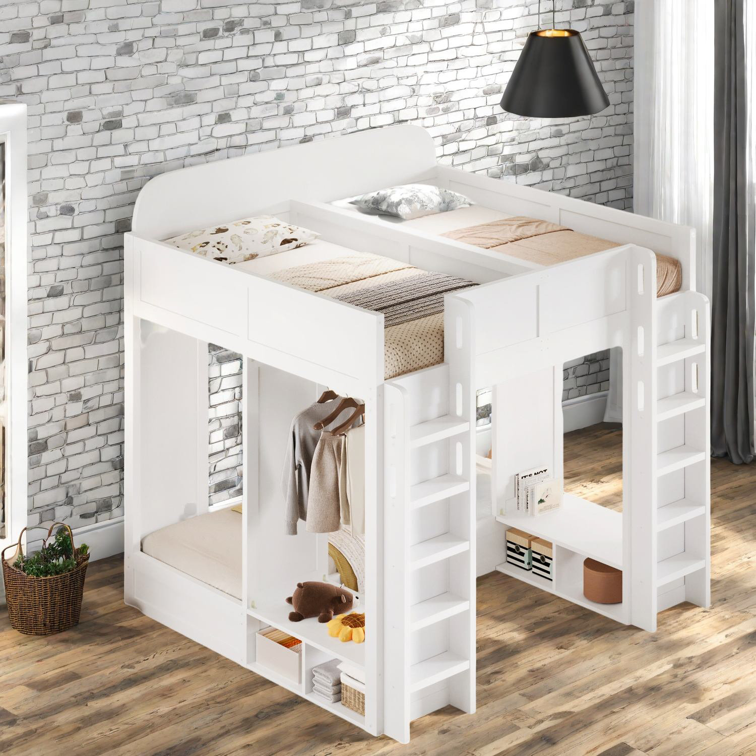Latitude Run® Space-saving Triple Bunk Beds, White Wood Loft Style With