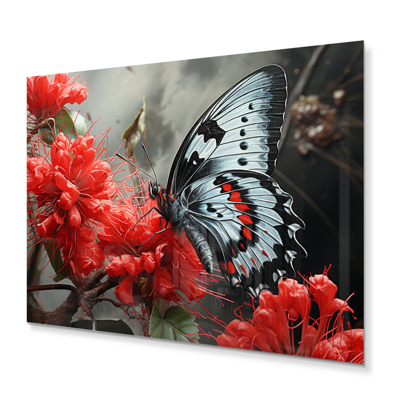 Décoration murale en métal rouge, gris et papillon Haven II, H 16 po x l 32 po