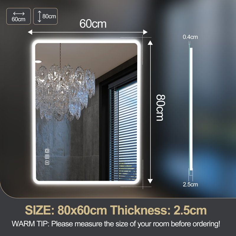 Modern Lighted Wall Mounted Bathroom Mirror in Clear, 80cm H x 60cm W