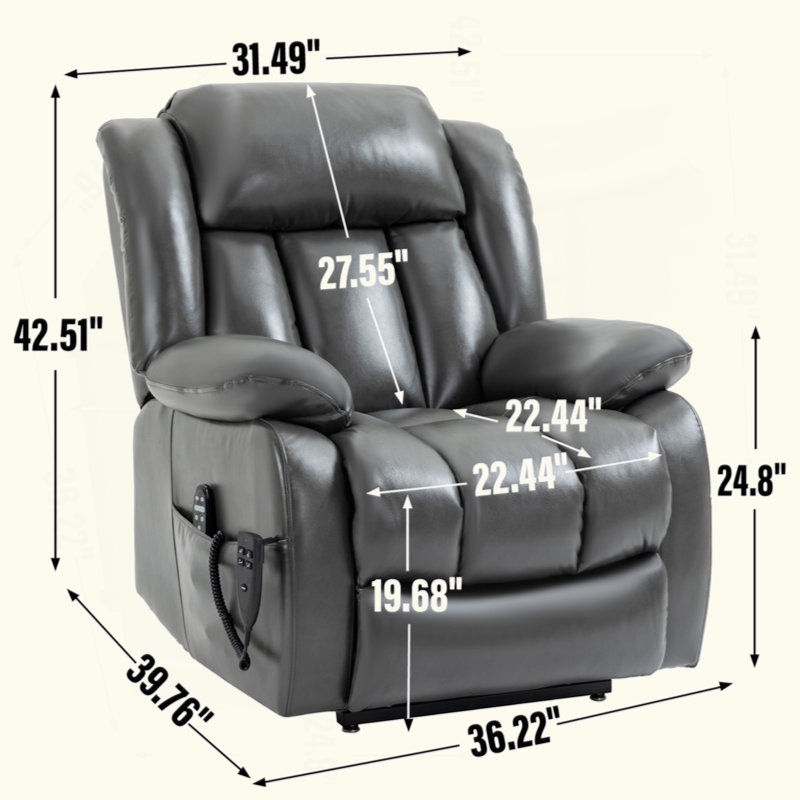 Dual Motor Infinite Position Up To 350 LBS Electric Medium Size Leatheraire Grey Power Lift Recliner Chair With 8-Point Vibration Massage And Lumbar Heating