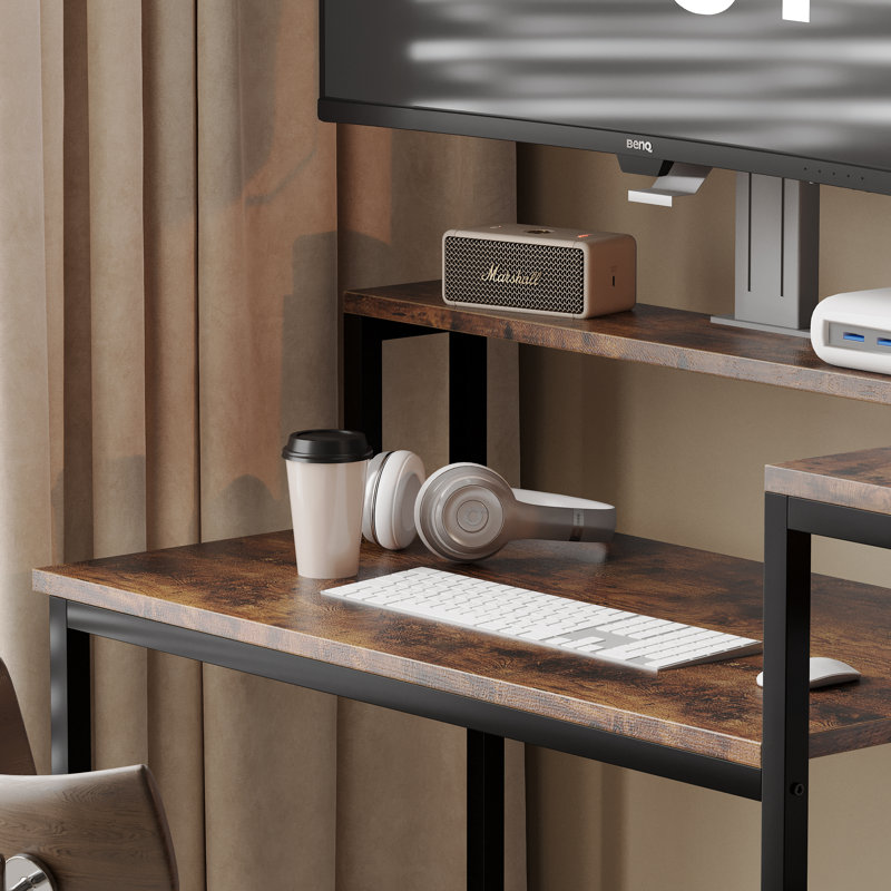 Industrial style oversized multi-layer computer desk. Computer desk with multiple layers, dual storage area gaming table, storage rack