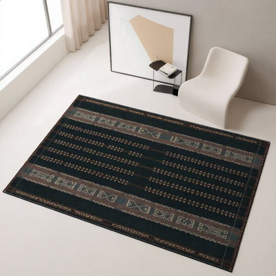 Black Themed Geometric Colorful Patterned Woven Base Washable Carpet