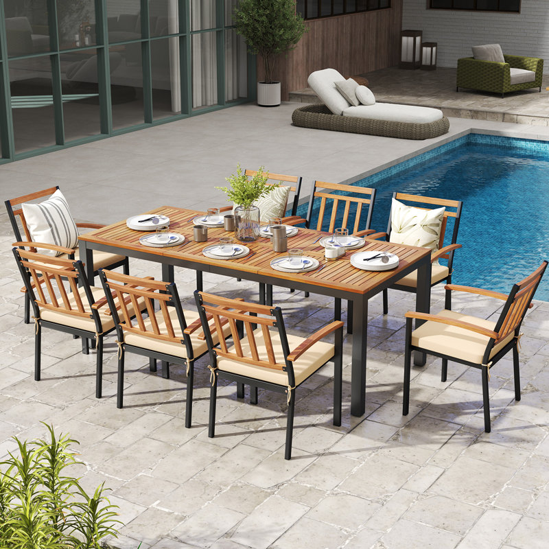 Patio Dining Table for 8 79'' Large Rectangle Table w/ Acacia Wood Tabletop