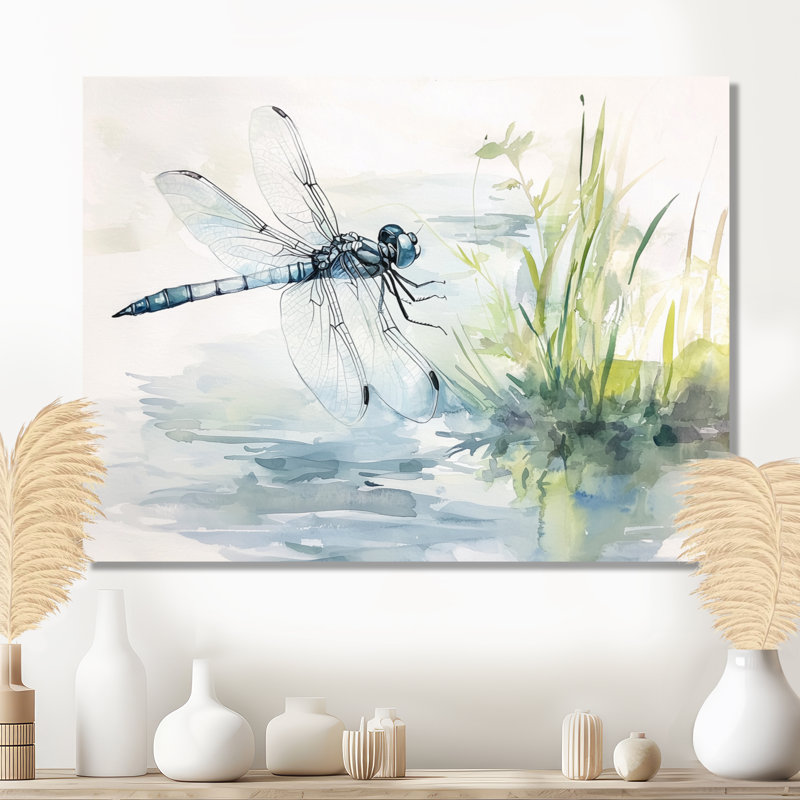 Libellule par la rivière II - animaux, impression murale en métal, H 16 po x l 32 po