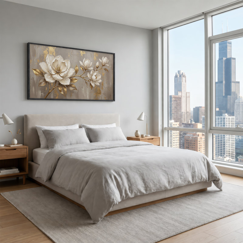 Art mural sur toile de magnolia blanc avec feuilles et tiges dorées blanches, L 46 po x H 24 po