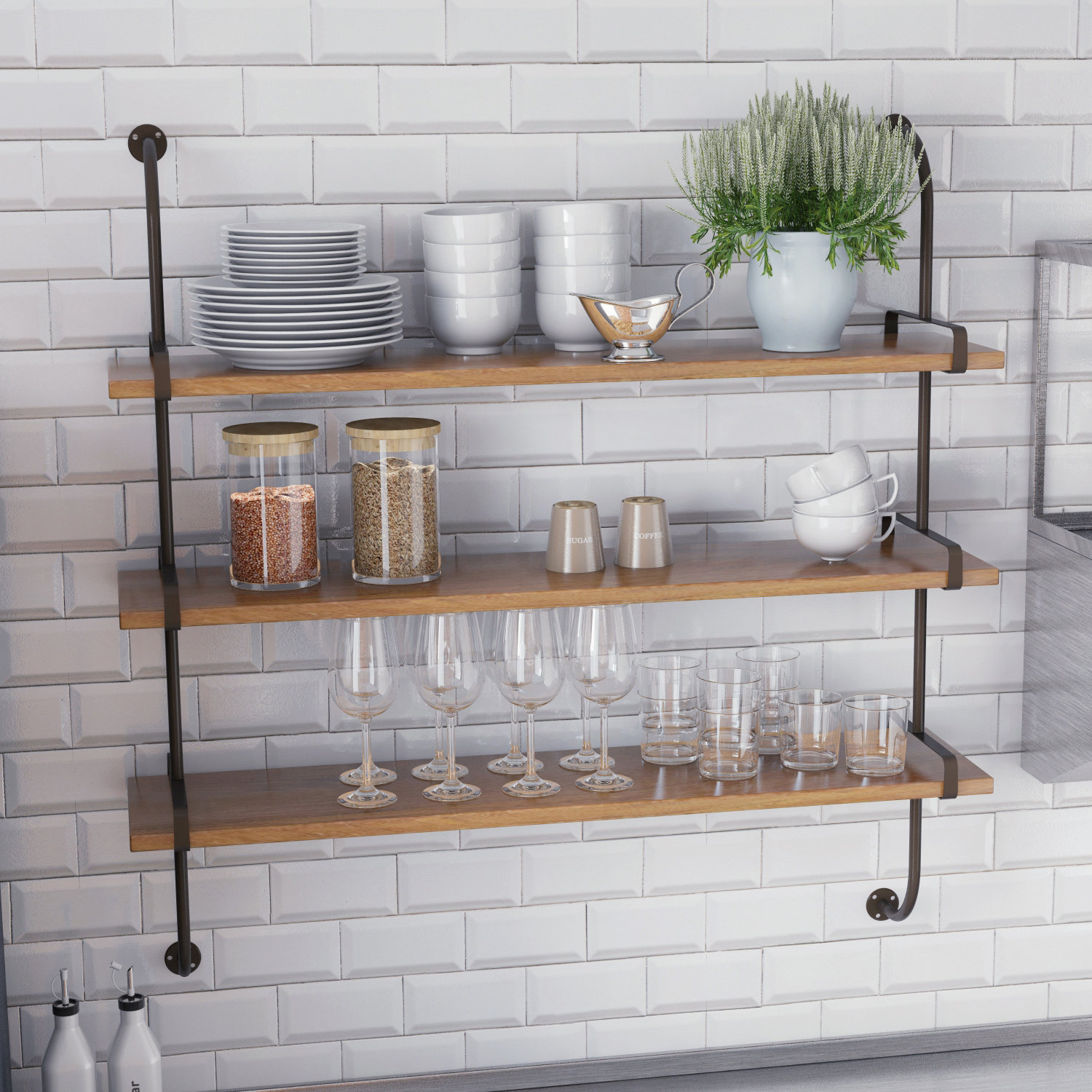 Wood 3 Level Wall Shelf with Metal Brackets, Brown/Black
