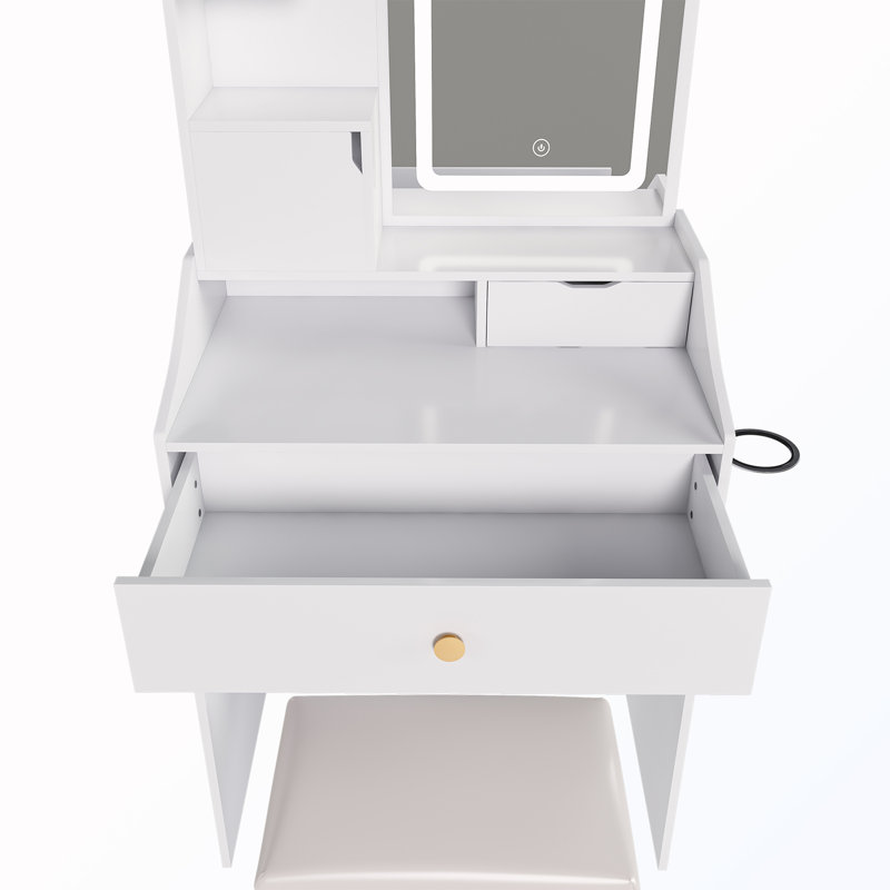 3-Color LED Vanity Mirror With Stool And 2 Drawers & 5 Storage Cabinets, White