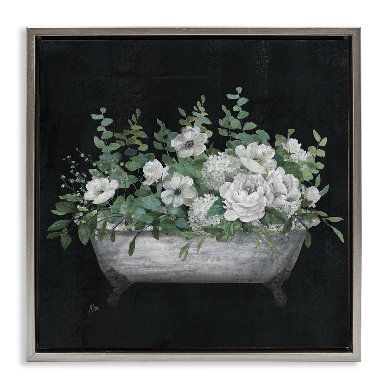 «Rustic Floral Bathaign», art mural encadré flottant gris par Nan, H 18 po x l 18 po, Cadre flottant gris lustré
