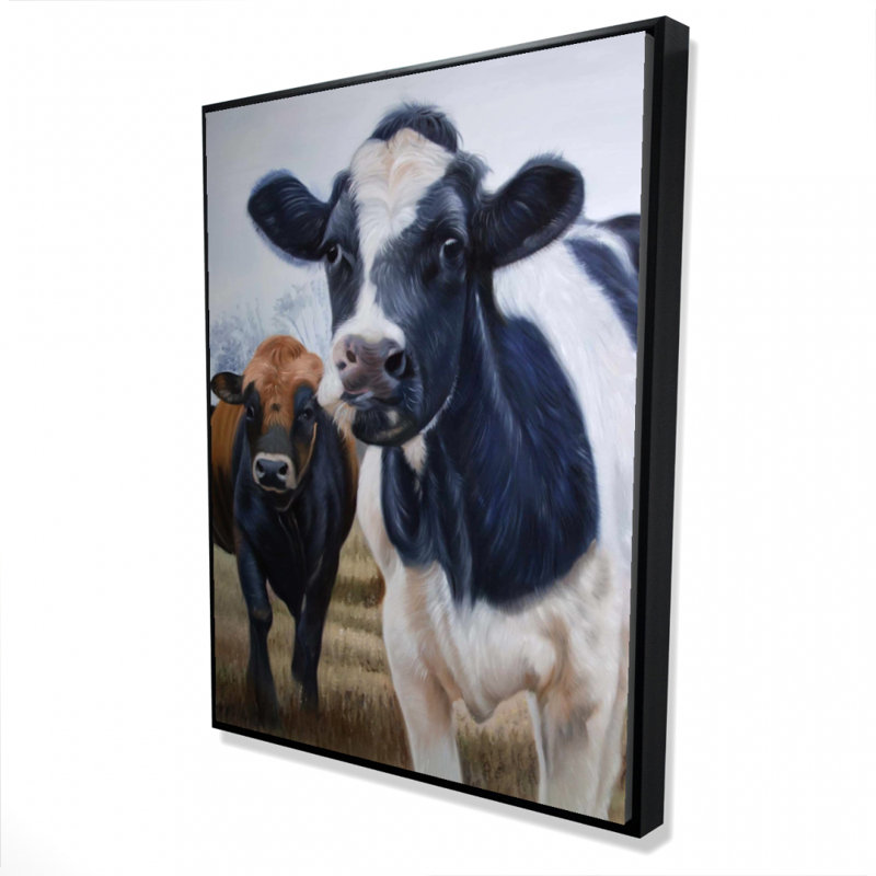 Two Cows Eating Grass Print On Canvas