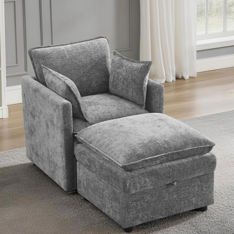Ensemble de 2 chaises d'appoint et repose-pieds rembourrés avec compartiments cachés, Gris clair
