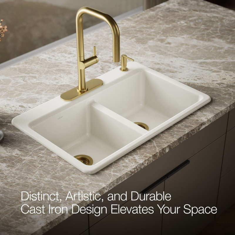 Riverby 33 In. Top-Mount Double-Bowl Kitchen Sink, Biscuit, 1 hole, Double-equal bowls