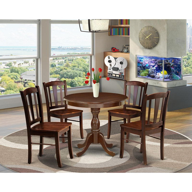 Ensemble de table de cuisine 5 pièces pour 4 personnes comprenant une table ronde avec piédestal et 4 chaises en bois massif, acajou
