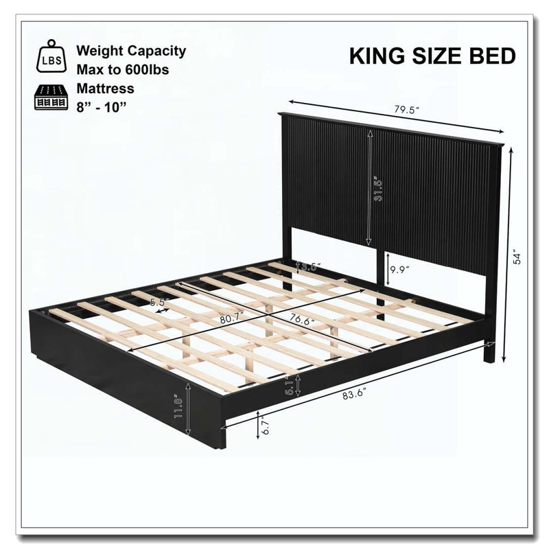 Solid Wood Bed Frame, Black, Très grand lit