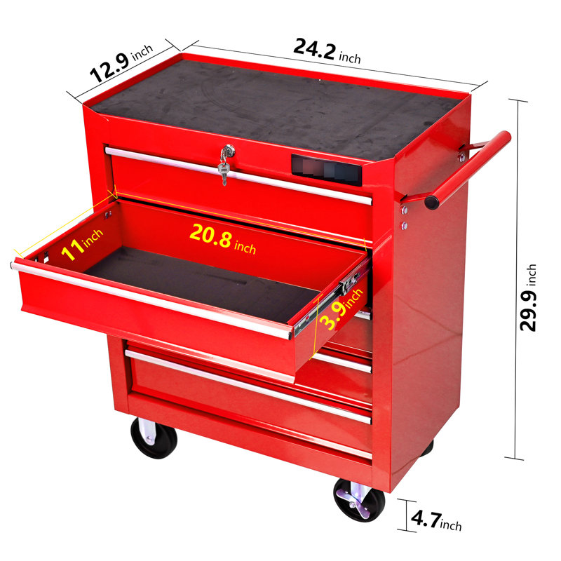 Coffre à outils rouge à 5 portes avec roulettes verrouillables et transportables, Red