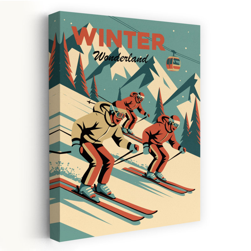 «Winter Wonderland Skiers», rétro, rétro, pin, paysage, montagne, art mural, H 60 po x l 40 po