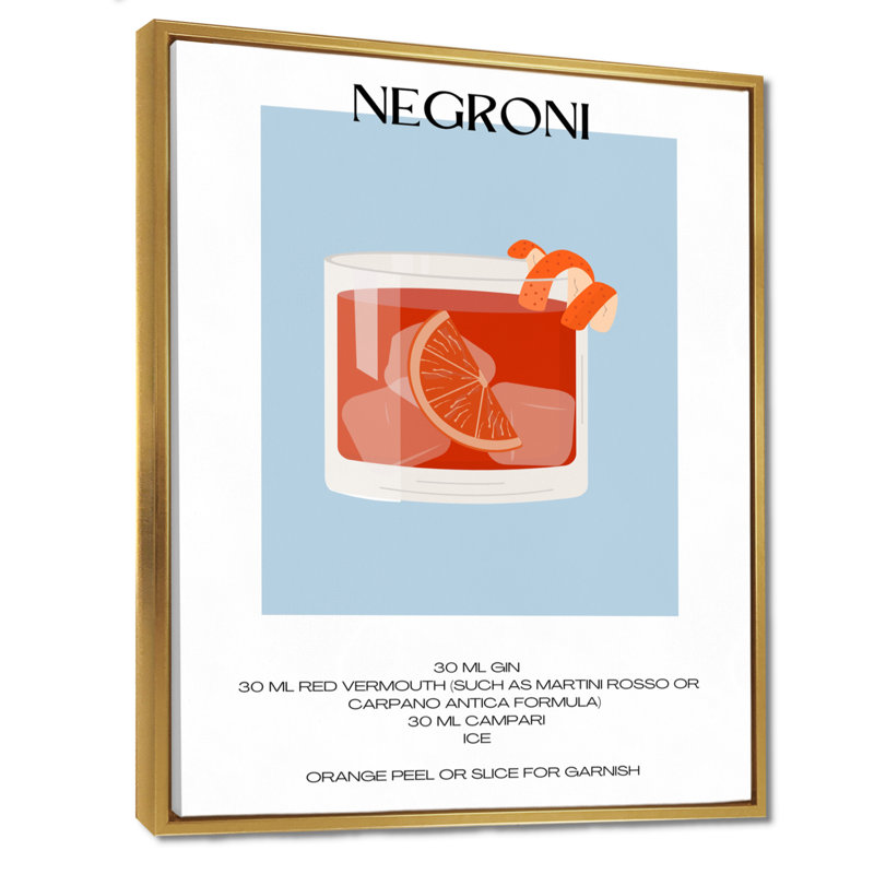 «Negroni Old Fashioned Glass Cocktail», reproduction d'art mural, Cadre flottant doré, H 20 po x l 12 po