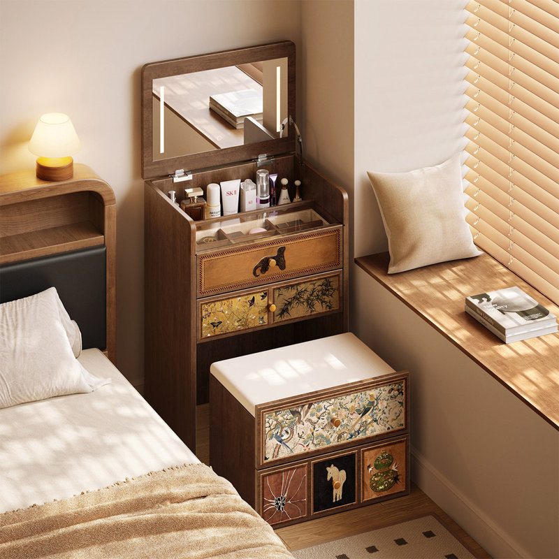 23.62"Retro solid wood flap-top dressing table