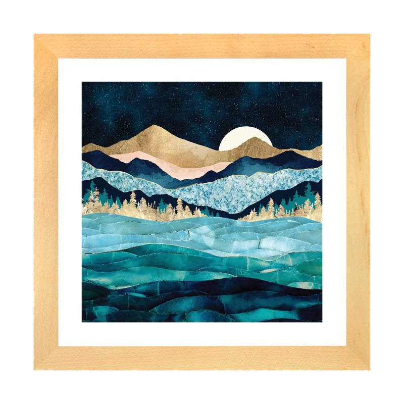 Midnight Ocean - impression d'art graphique, H 24 po x l 24 po x p 1 po, Blanc, Toile avec cadre en bois beige