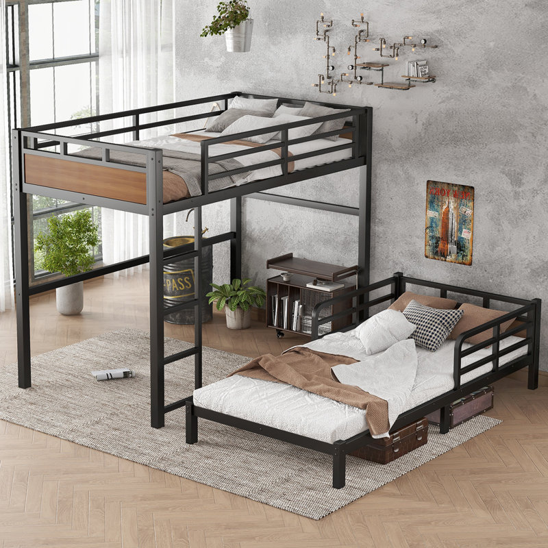Twin XL over Twin XL Bunk Bed Metal Loft & Platform Bed with Raised Safety Fence – Convertible Split Bed for Kids,Walnut Color