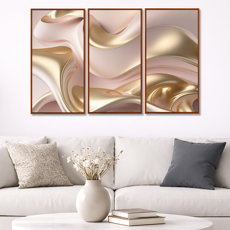 Subtile sophistication en rose exquis et or VI - 3 pièces sur toile, H 32 po x l 48 po, Cadre flottant brun