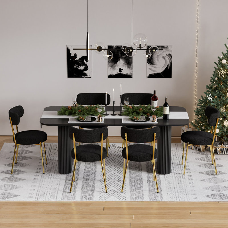 Ensemble de salle à manger rectangulaire à double piédestal avec table de salle à manger de style crème, Noir et or, 7