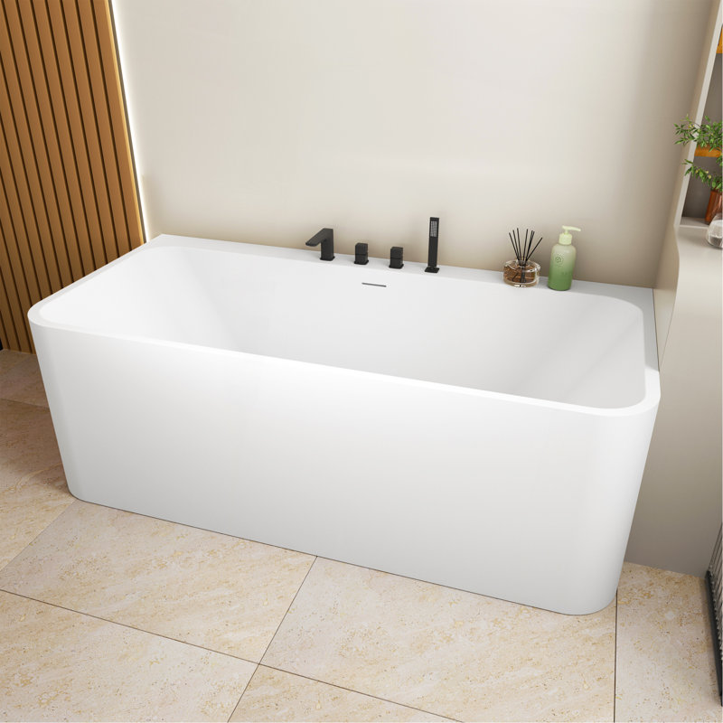 63 Inch Freestanding Solid Surface Soaking Bathtub Matte White