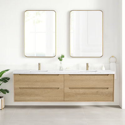 84'' Wall-mounted Double Bathroom Vanity With Engineered Stone Top