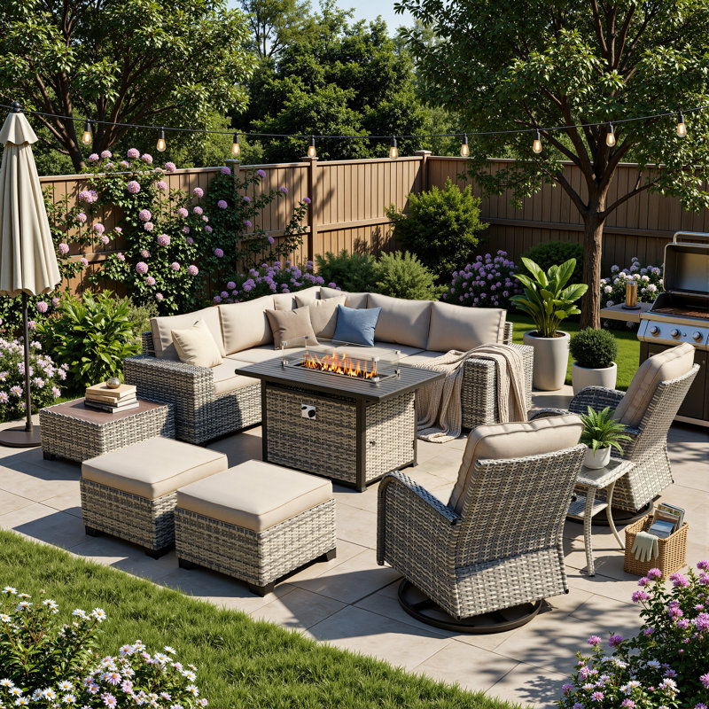 12-Piece Outdoor Modular Sectional Patio Conversation Set With Fire Pit Table, Swivel Rocker Chairs & Ottomans, Taupe