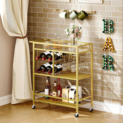 3-Tier Gold Bar Cart With Wheels & Handle, Beverage Cart With Wine Rack & Glass Holders For Home Kitchen Dining Room by 17 Stories