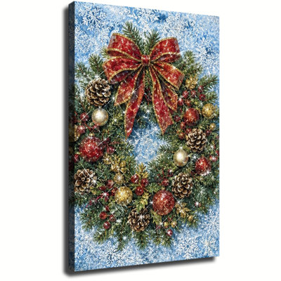 Christmas Wreath Canvas Wall Art, Vintage Winter Pine Wreath With Red Bow Pinecones And Snowflakes Print Decor For Living Room Holiday Home Wall Decor