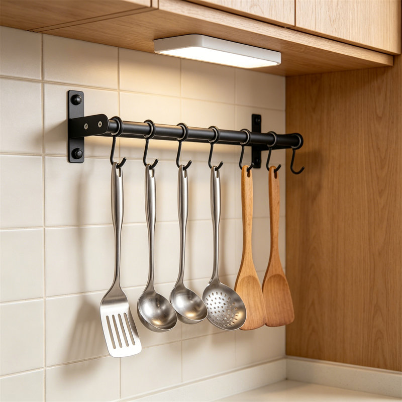 Double Bar Wall Mounted Pot Rack, Black with 8 Hooks for Pans and Kitchen Utensils