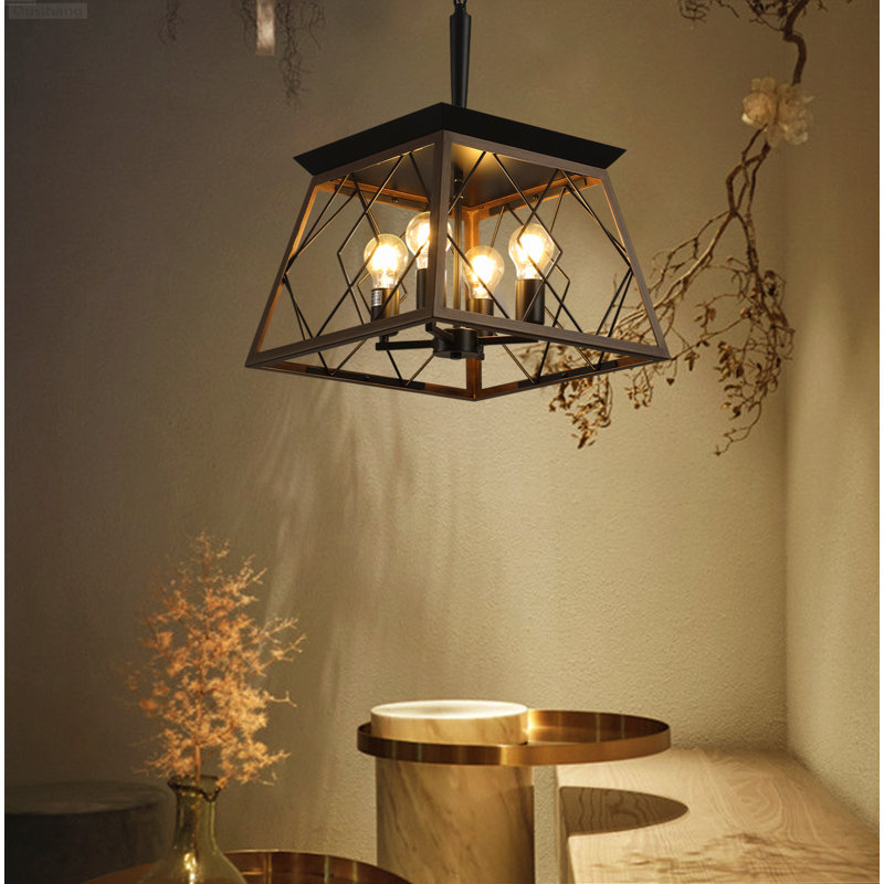 Luminaire suspendu en forme de cage de ferme style ferme rétro avec finition noire et noyer, Matte Black and Walnut Finish