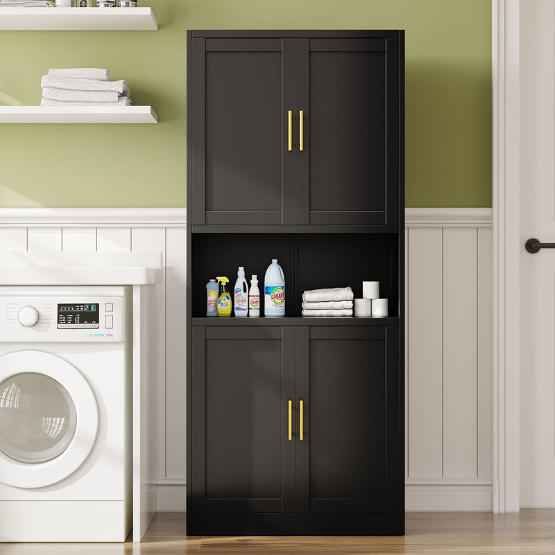 Armoire de rangement de plancher de salle de bain autoportante en métal avec comptoir ouvert, Noir, noir, noir, noir
