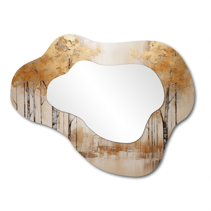 Minimalisme beige et doré forêt - miroir mural décoratif nuage forêt, miroir asymétrique traditionnel, impression d'art en métal