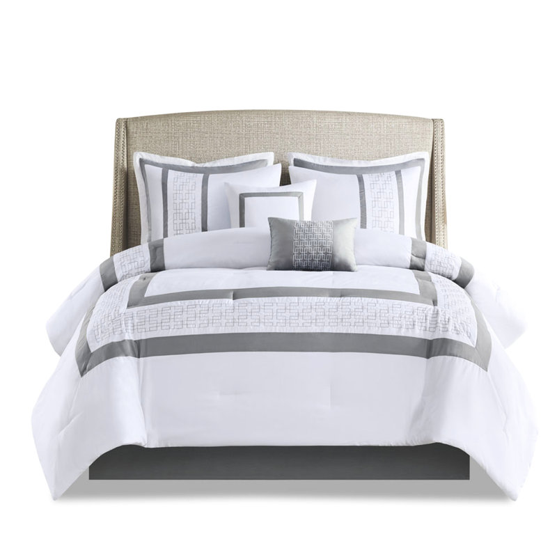 8 Piece Comforter - Graceful Design Embroidered Bedding White Sophisticated Embroidery Filling White Decor, White