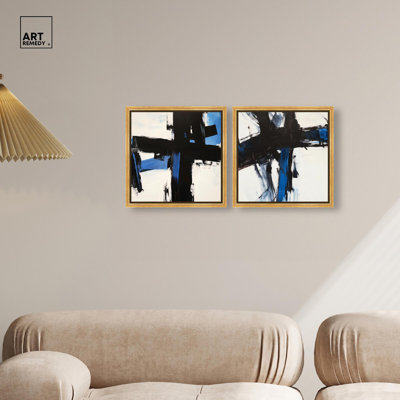Blue Streak Duo Canvas Print Blue Livingroom Art Set by Art Remedy, Black Frame, 12 x 12
