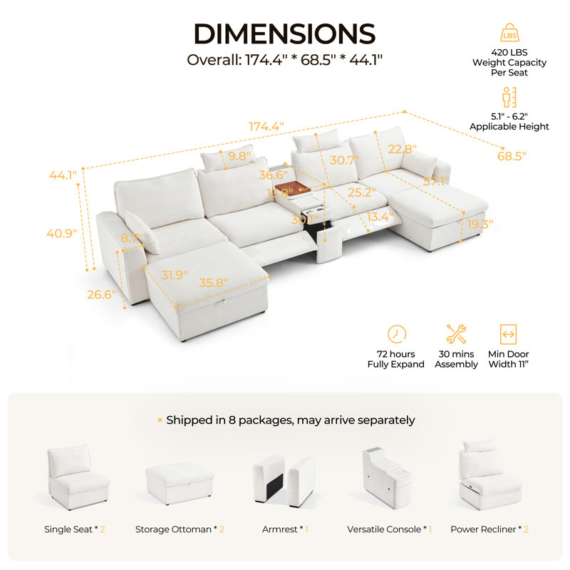 Canapé inclinable électrique modulaire surdimensionné en chenille 6 places avec repose-tête, Chenille beige