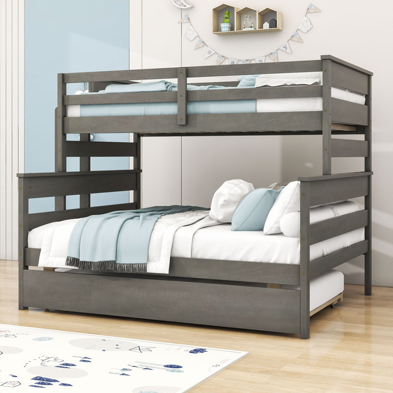 Twin Over Full Wooden Bunk Bed With Twin Size Trundle, Gray