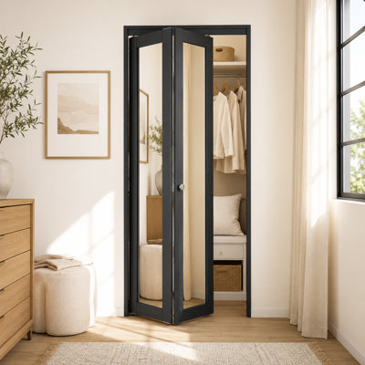 Mirrored Door Solid Wood 28"x80" Bi-Fold Door with Installation Hardware Kit(closet,pantry) Black