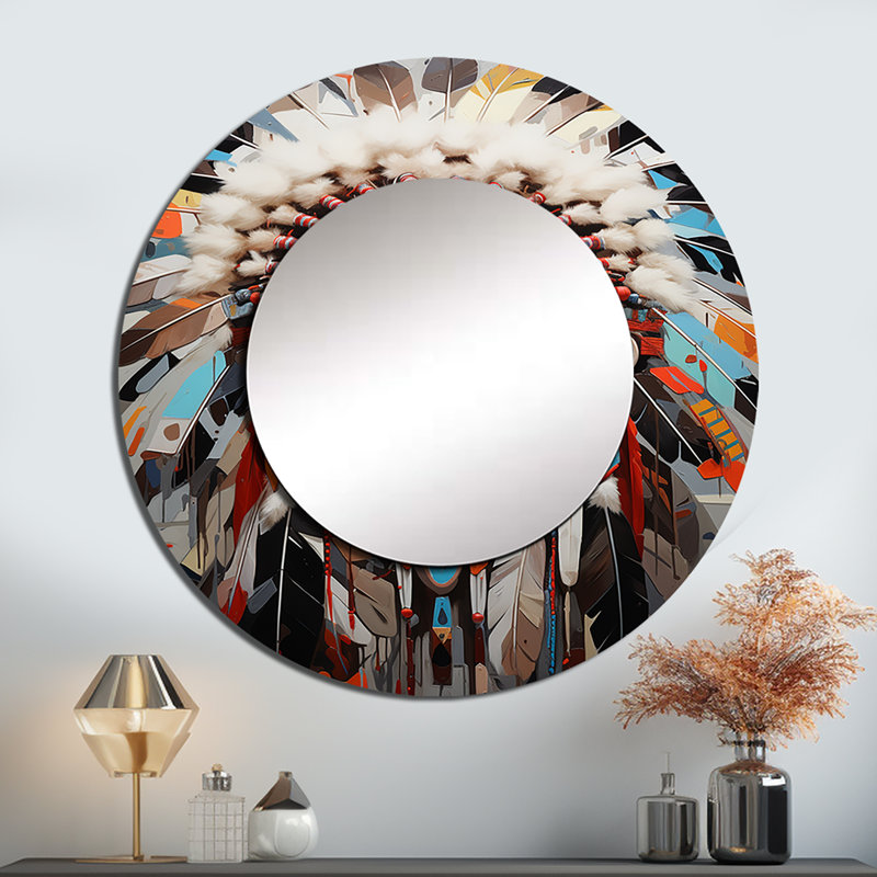 Sharaven Native American Warrior Portrait I - Native American Art Mirror, Red Round Unique Wall Mirror, Printed Metal Art