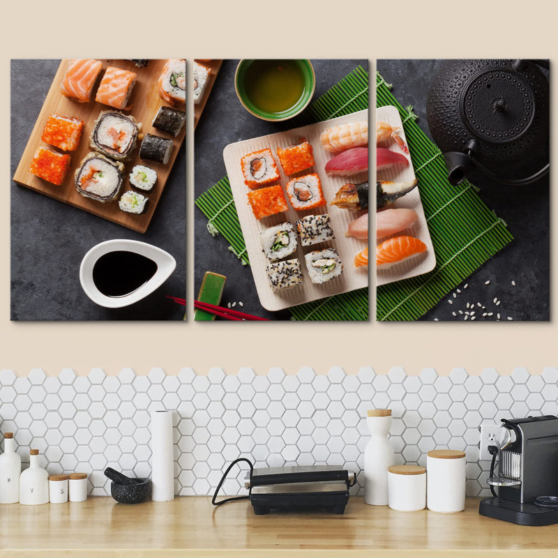 Sushis, faire rouler et thé vert sur table en pierre, Toile tendue, H 24 po x l 48 po
