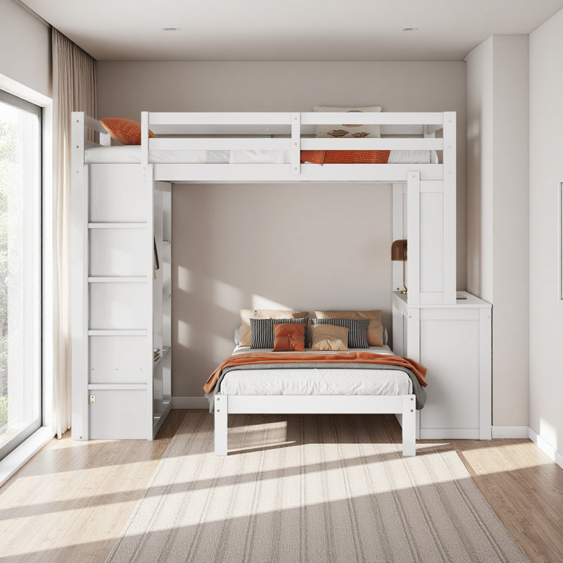 Solid Wood Bunk Beds Frame With Built-In Shelves And Wardrobe, Can Be Converted Into Loft Bed, Full over Twin, White
