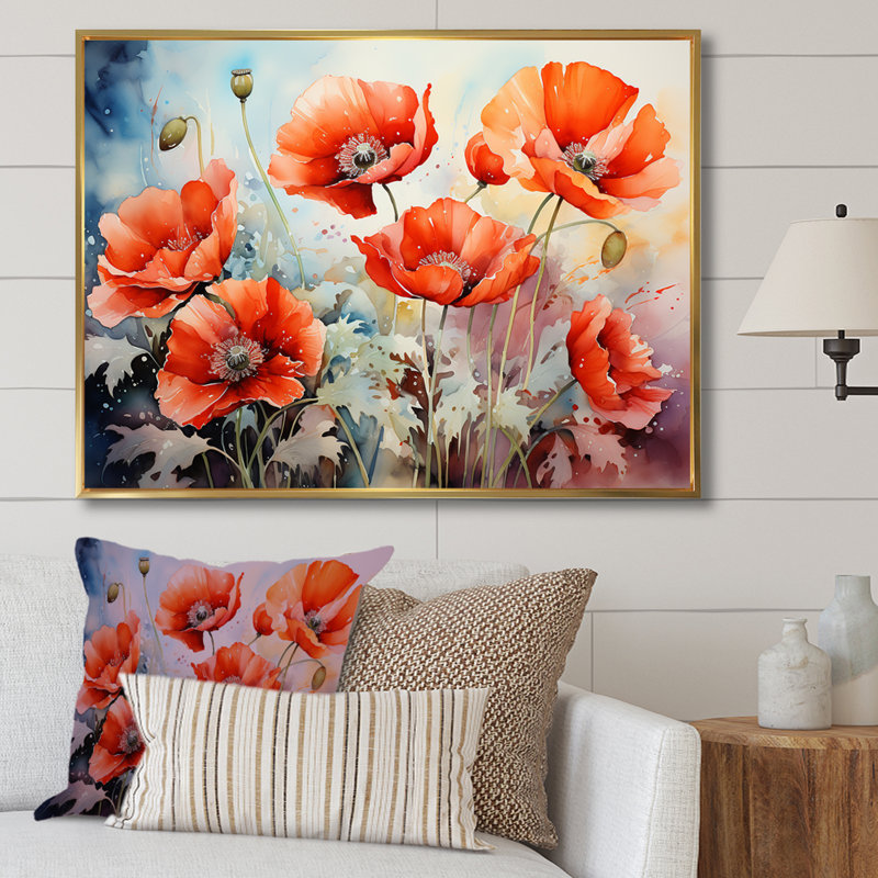 «Red and Green Poppy Reverie II», art mural coquelicots, Cadre flottant doré, H 34 po x l 44 po x P 1,5 po