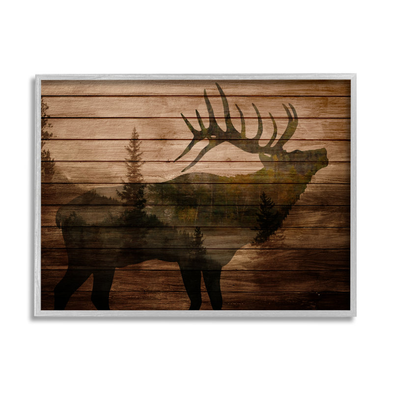 «Forest Elk Silhouette Rustic Plank» par Kim Allen - impression, H 24 po x l 30 po, Estampe numérique Farmhouse